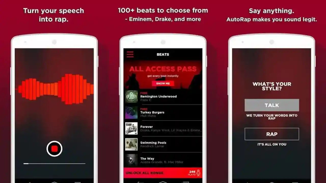  اختر من بين أكثر من 100 نبضة من فنانين مثل Nicki Minaj و Eminem و Tupac و Snoop Dogg. ثم استمع لأن AutoRap يحول خطابك إلى تحفة غنائية!